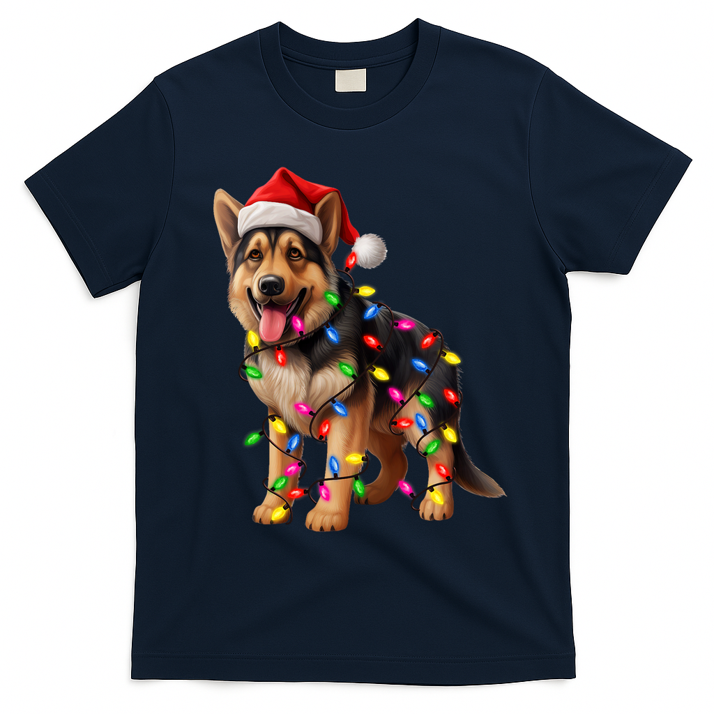 German Shepherd Christmas Lights Santa Hat Dog Lover T-Shirt - Navy Blue