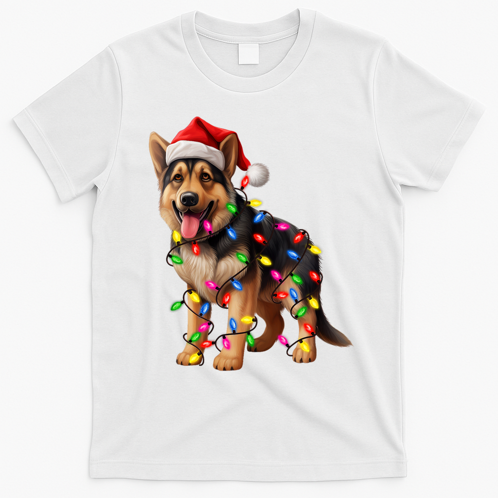 German Shepherd Christmas Lights Santa Hat Dog Lover T-Shirt - White