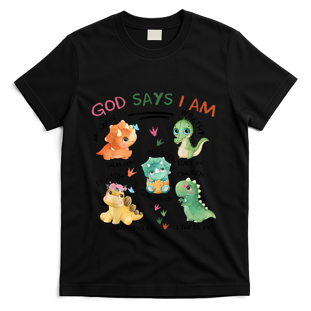 God Says I Am Cute Dinosaur Lovers Bible Christian Kids Boy T-Shirt - Black