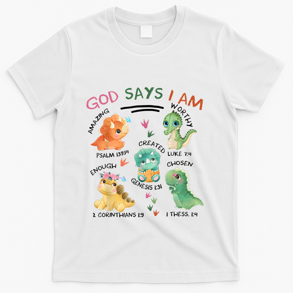 God Says I Am Cute Dinosaur Lovers Bible Christian Kids Boy T-Shirt - White