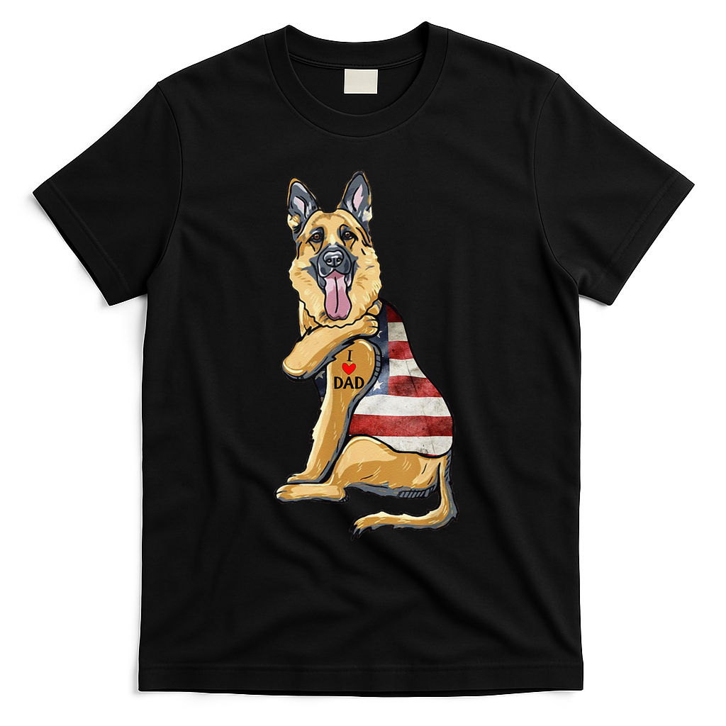 German Shepherd Tattoo Dog I Love Dad Fathers Day T-Shirt - Black