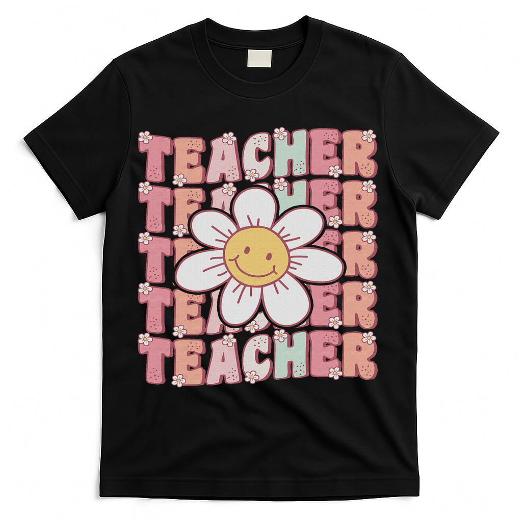 Groovy Teacher Cute 70s Daisy Flower Retro Back To School T-Shirt - Black
