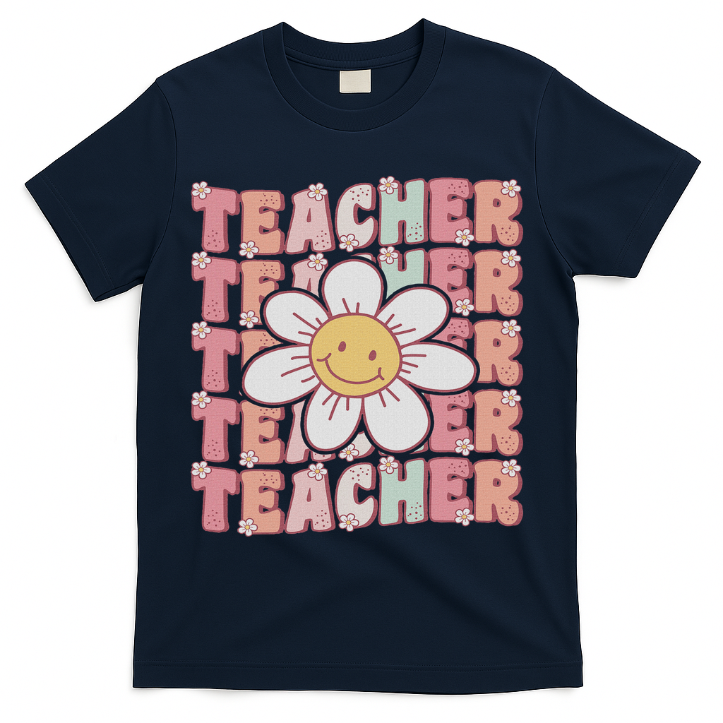 Groovy Teacher Cute 70s Daisy Flower Retro Back To School T-Shirt - Navy