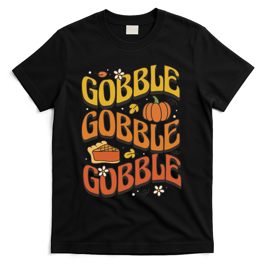 Gobble Turkey Retro Thanksgiving Fall T-Shirt - Black