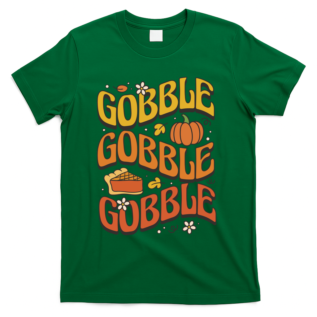 Gobble Turkey Retro Thanksgiving Fall T-Shirt - Green