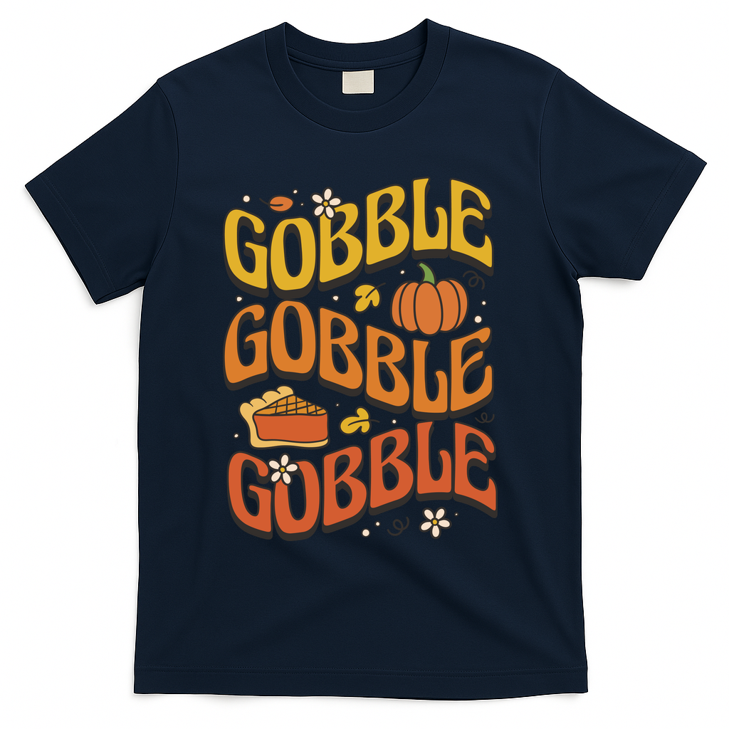 Gobble Turkey Retro Thanksgiving Fall T-Shirt - Navy