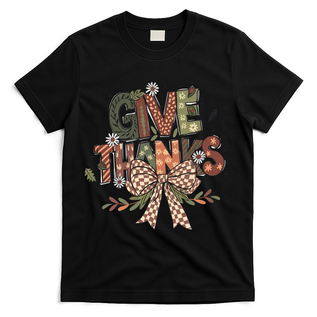 Give Thanks Thankful Coquette Thanksgiving T-Shirt - Black