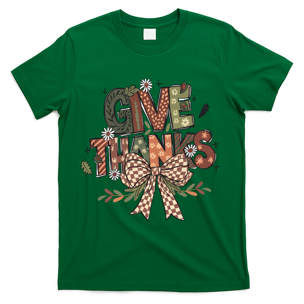 Give Thanks Thankful Coquette Thanksgiving T-Shirt - Green