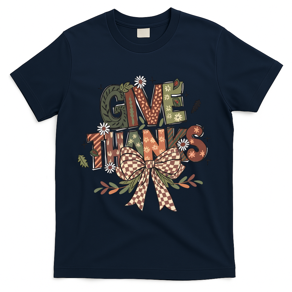 Give Thanks Thankful Coquette Thanksgiving T-Shirt - Navy