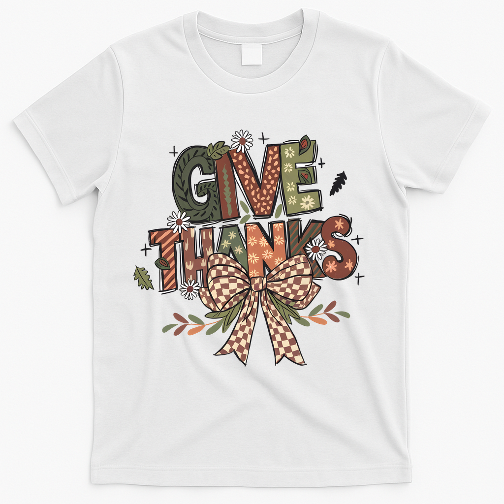 Give Thanks Thankful Coquette Thanksgiving T-Shirt - White