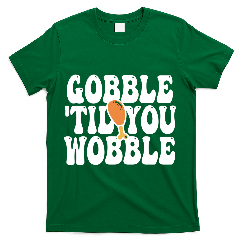Gobble Til You Wobble Funny Thanksgiving T-Shirt - Green