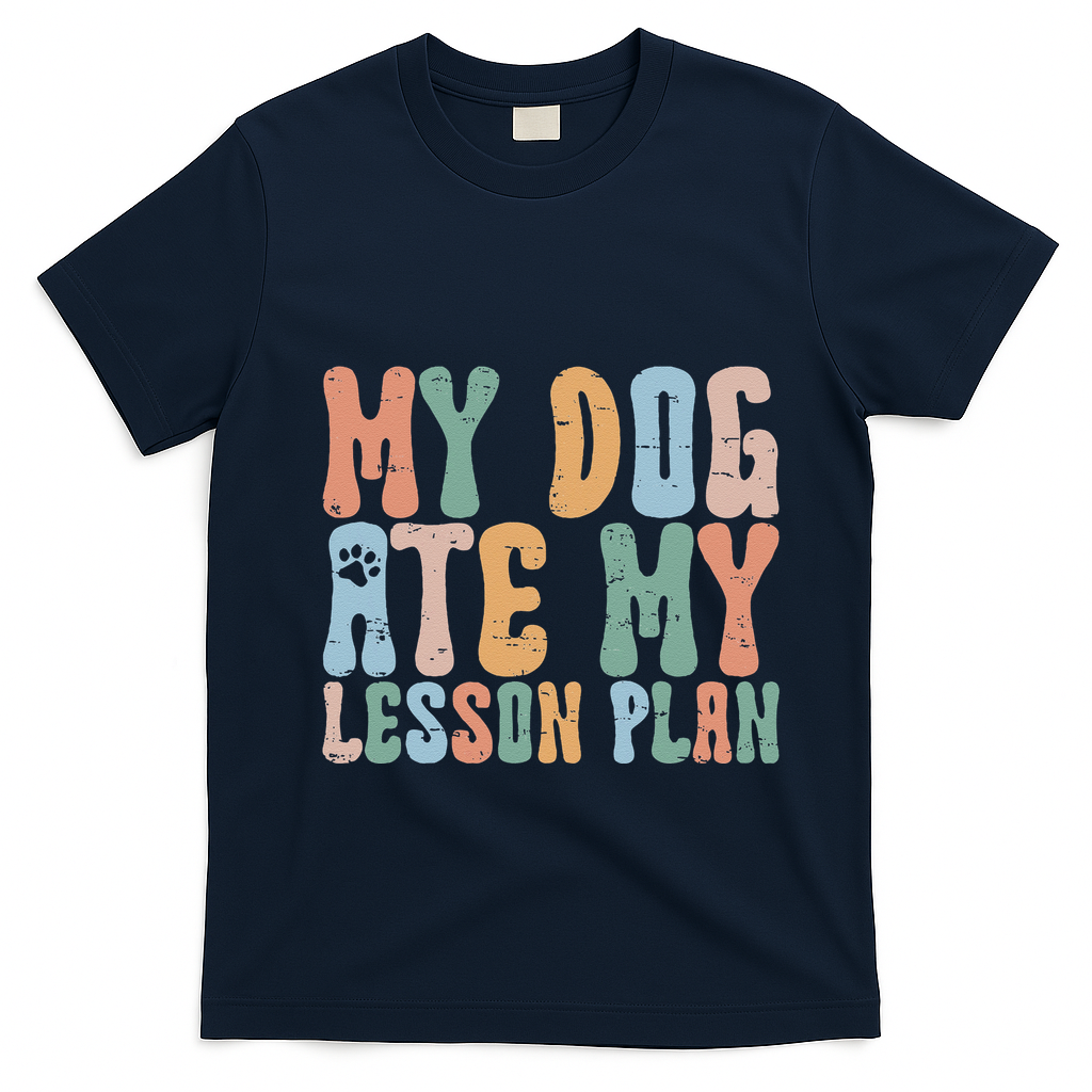 Groovy Vintage Retro My Dog Ate My Lesson Plan Funny Dogs T-Shirt - Navy Blue