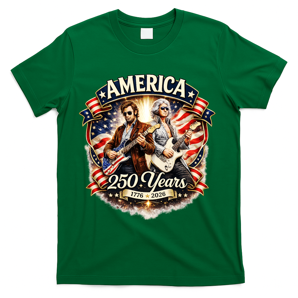 George Washington Abe Lincoln Playing Guitar 250 Years 1776-2026 T-Shirt - Green