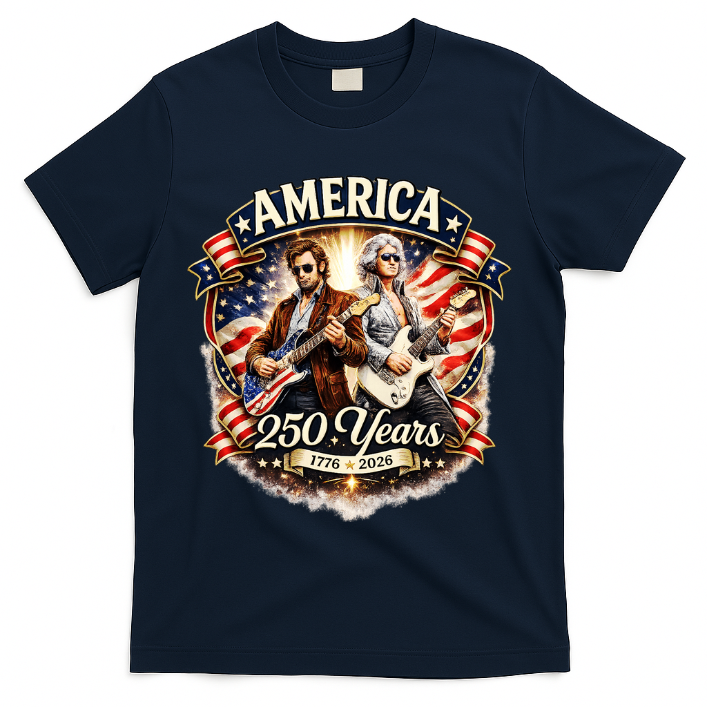 George Washington Abe Lincoln Playing Guitar 250 Years 1776-2026 T-Shirt - Navy