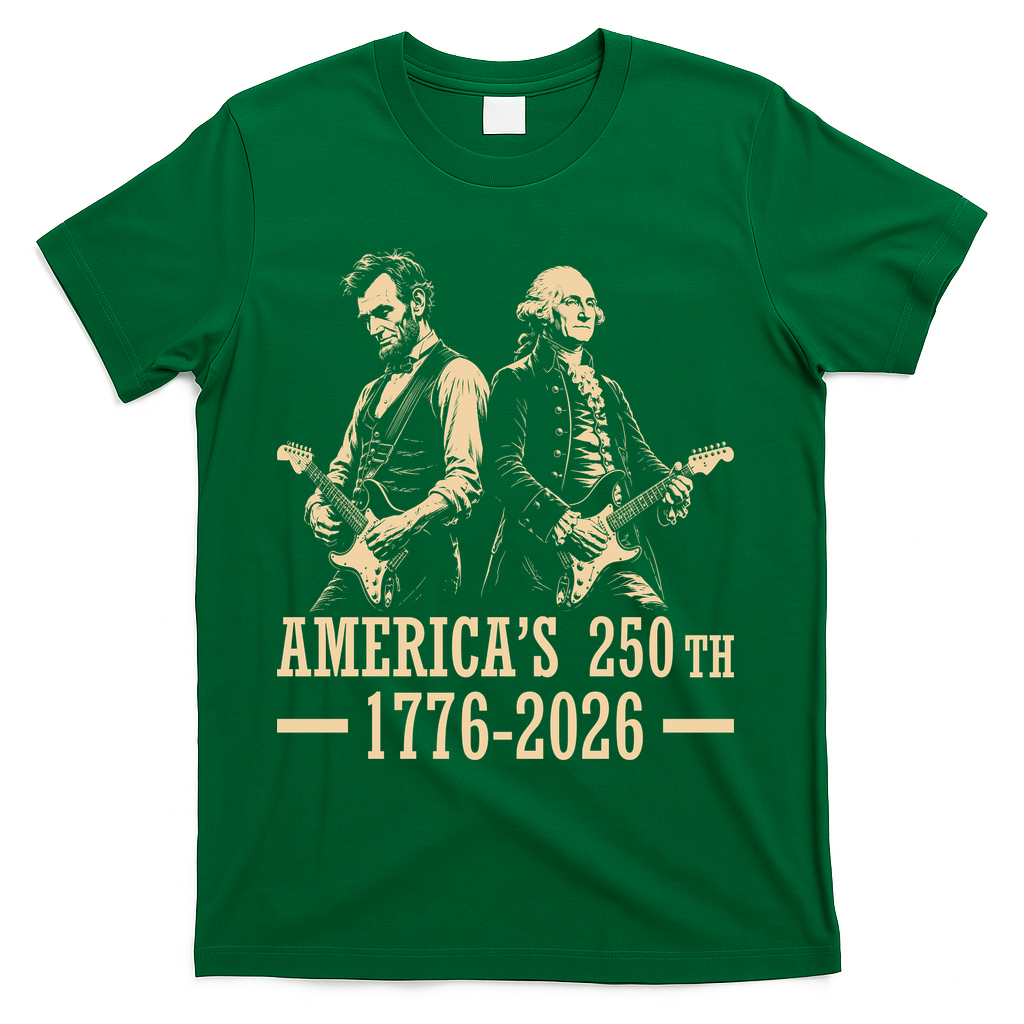 George Washington Abe Lincoln Guitar America's 250th Anniversary T-Shirt - Green