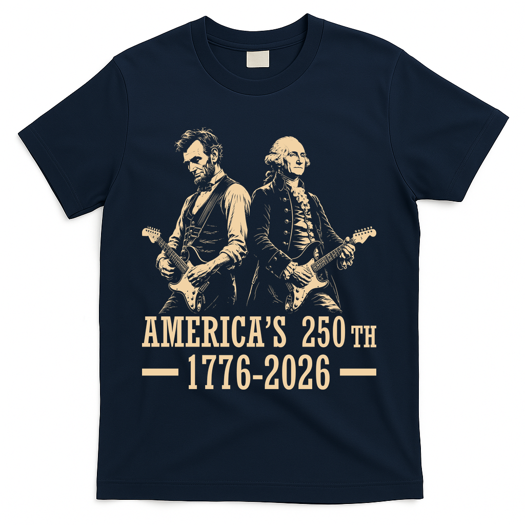 George Washington Abe Lincoln Guitar America's 250th Anniversary T-Shirt - Navy