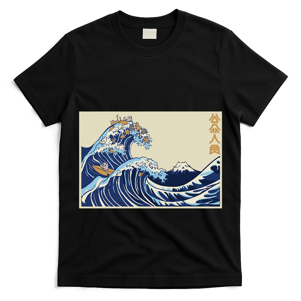 Great Wave Off Kanagawa With Cats Aesthetic Kanji T-Shirt