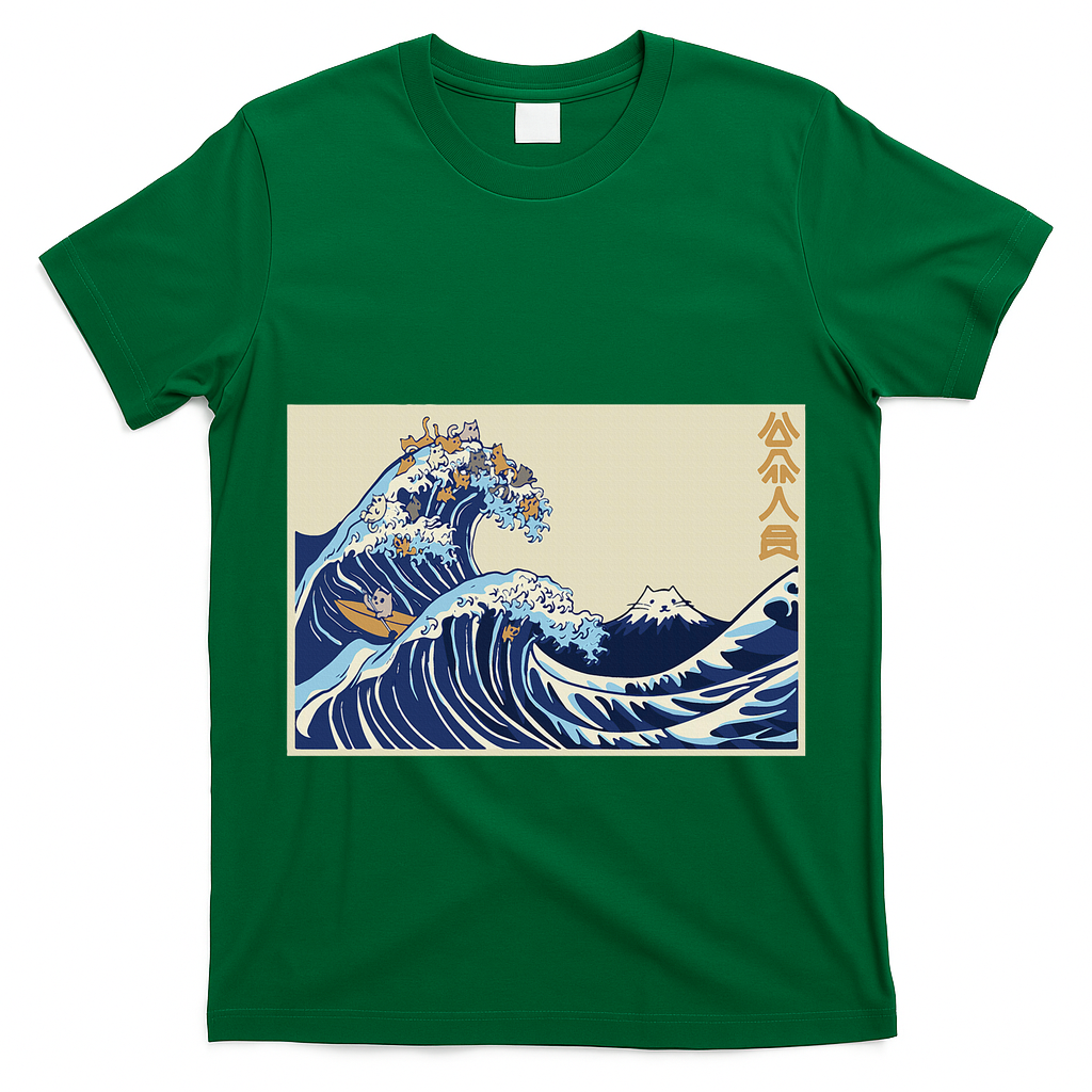 Great Wave Off Kanagawa With Cats Aesthetic Kanji T-Shirt