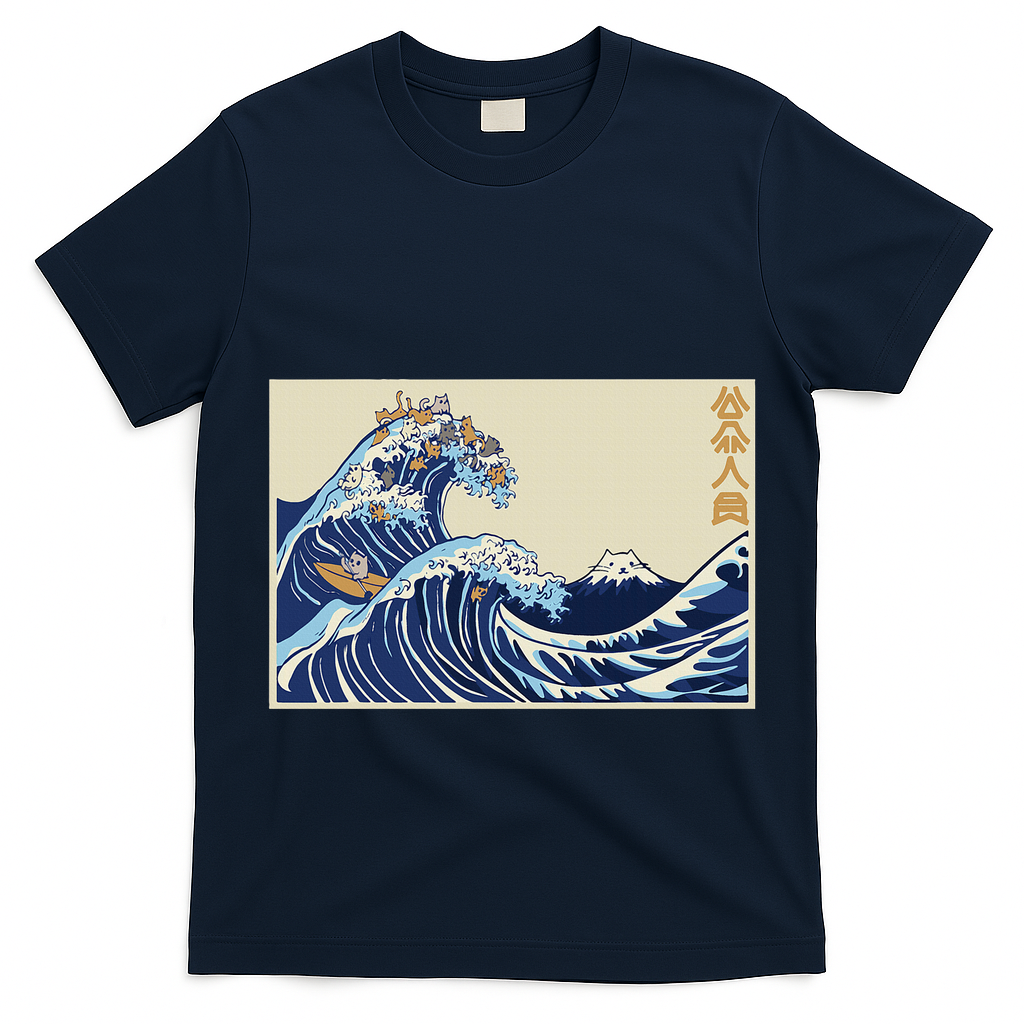 Great Wave Off Kanagawa With Cats Aesthetic Kanji T-Shirt