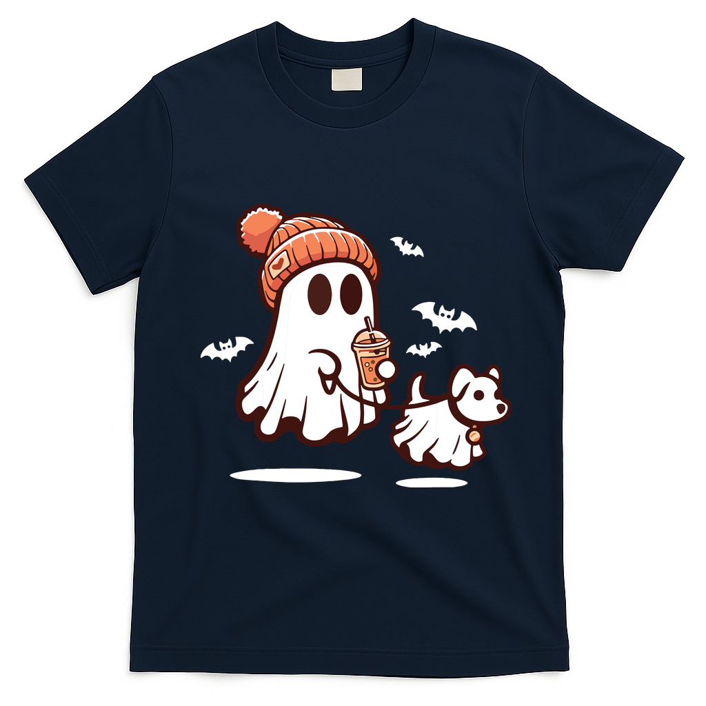 Ghost With Walking Dog Halloween T-Shirt - Navy Blue