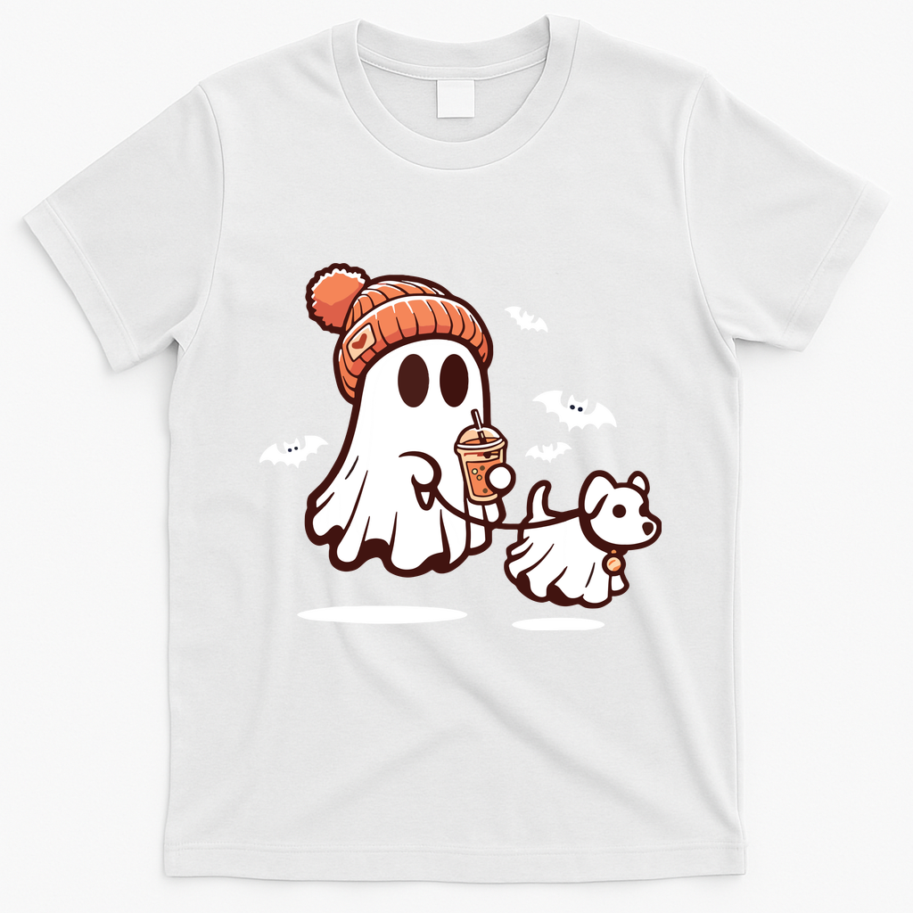 Ghost With Walking Dog Halloween T-Shirt - White