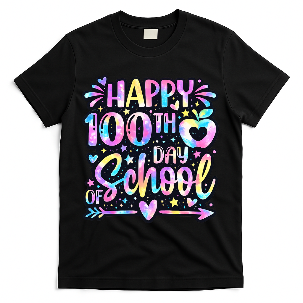 Happy 100th Day Of School Tie Dye Rainbow 100 Days T-Shirt - Black