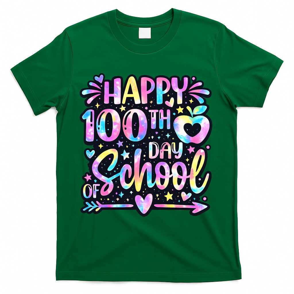 Happy 100th Day Of School Tie Dye Rainbow 100 Days T-Shirt - Green