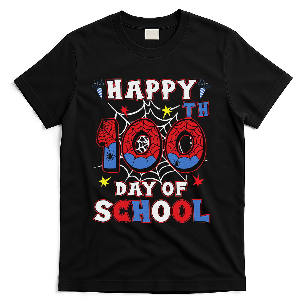 Happy 100th Day Of School Spider 100 Days T-Shirt - Black