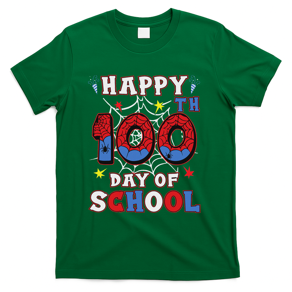 Happy 100th Day Of School Spider 100 Days T-Shirt - Green