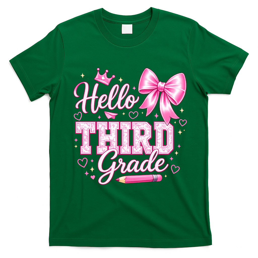 Hello 3rd Grade Girls Teacher Coquette Bow Back To School T-Shirt - Irish Green