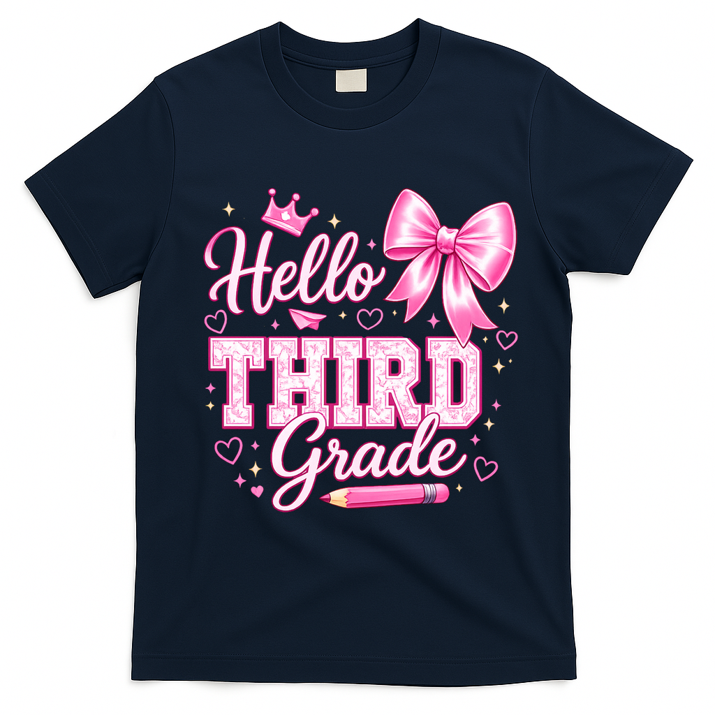 Hello 3rd Grade Girls Teacher Coquette Bow Back To School T-Shirt - Navy Blue