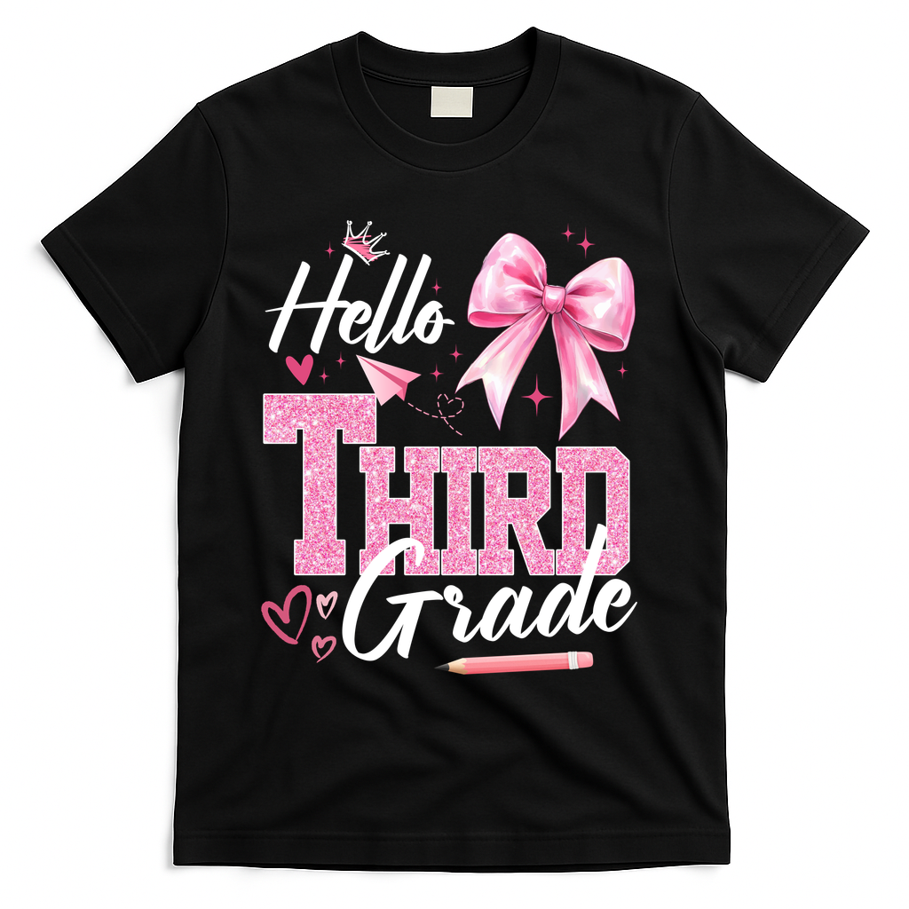 Hello 3rd Third Grade First Day Of School Coquette Teacher T-Shirt - Black