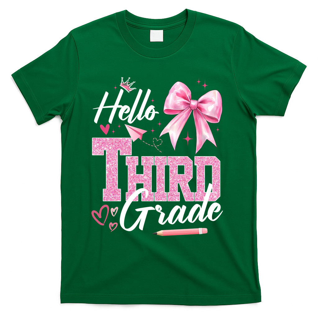 Hello 3rd Third Grade First Day Of School Coquette Teacher T-Shirt - Green