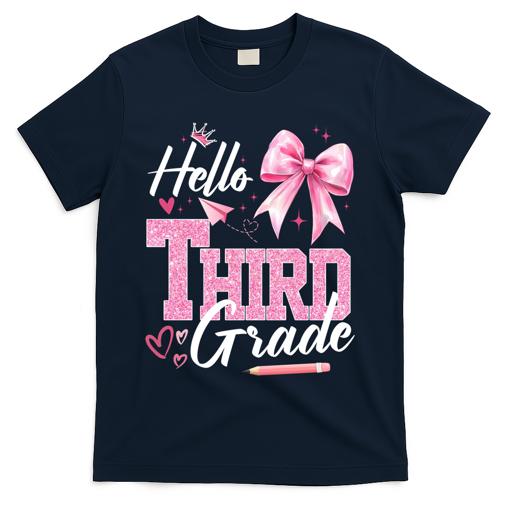 Hello 3rd Third Grade First Day Of School Coquette Teacher T-Shirt - Navy