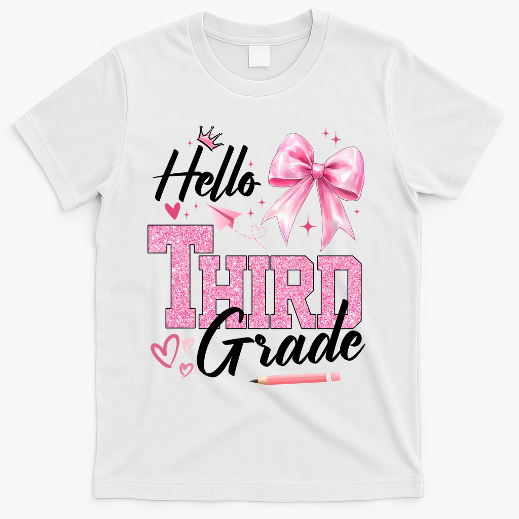 Hello 3rd Third Grade First Day Of School Coquette Teacher T-Shirt - White