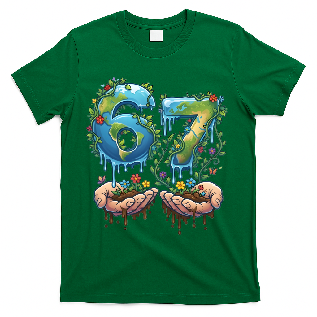 Hand 67 Earth Day 6 7 Six Seven Meme T-Shirt - Green
