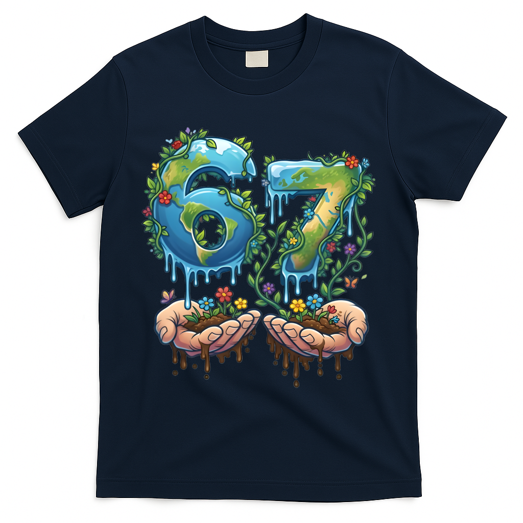 Hand 67 Earth Day 6 7 Six Seven Meme T-Shirt - Navy