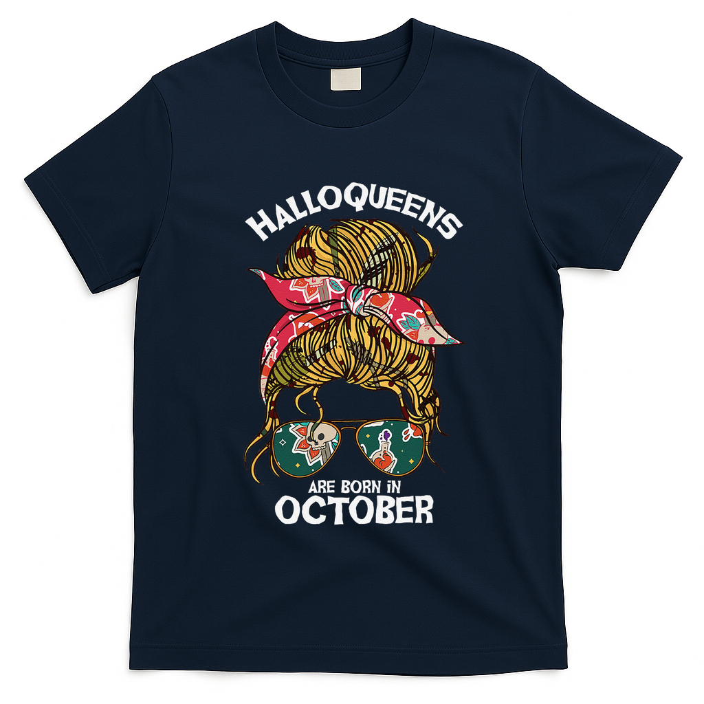 Halloqueens Are Born In October Birthday Women Halloween T-Shirt - Navy Blue