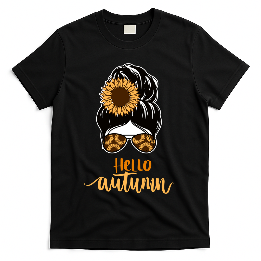 Hello Autumn Cute Bun Fall Floral T-Shirt - Black