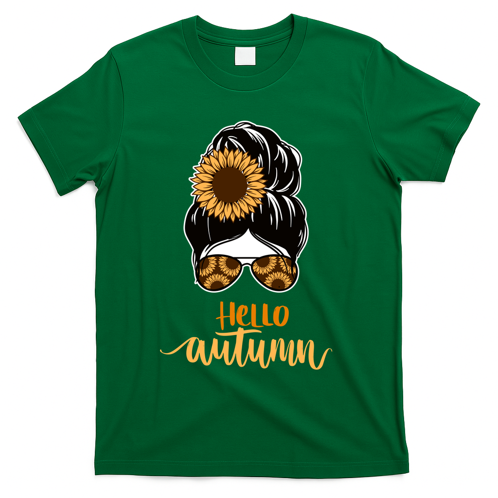 Hello Autumn Cute Bun Fall Floral T-Shirt - Green