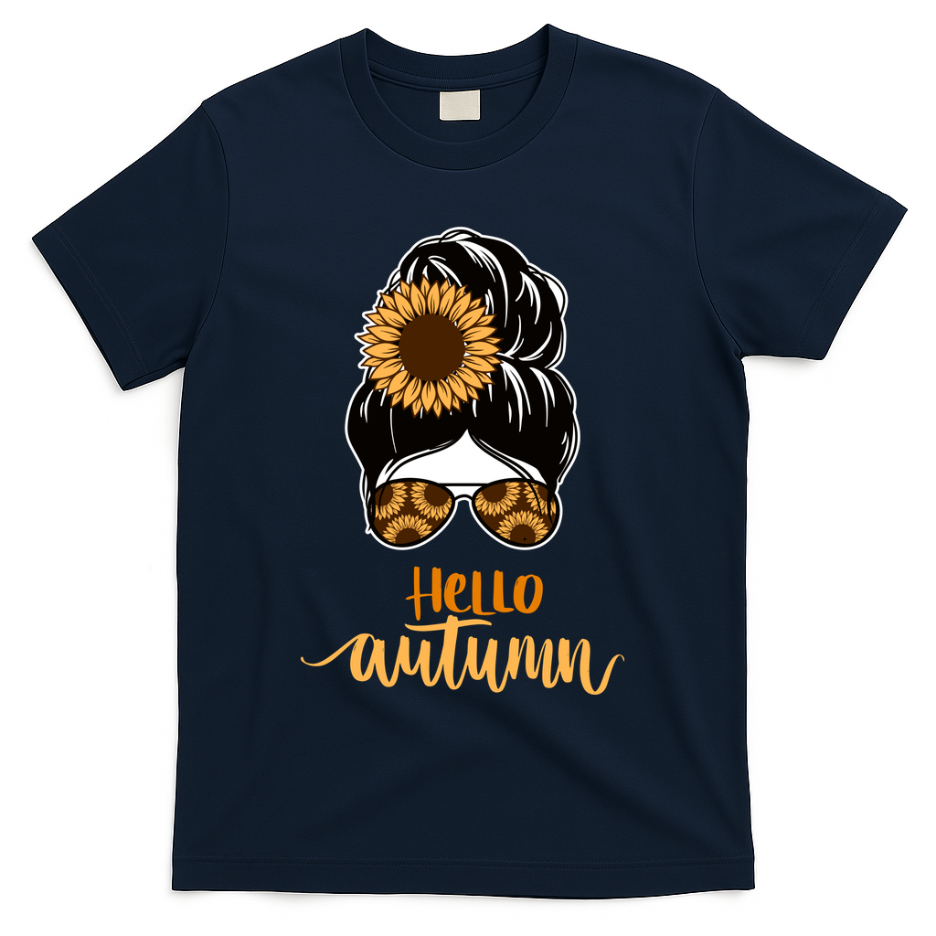 Hello Autumn Cute Bun Fall Floral T-Shirt - Navy