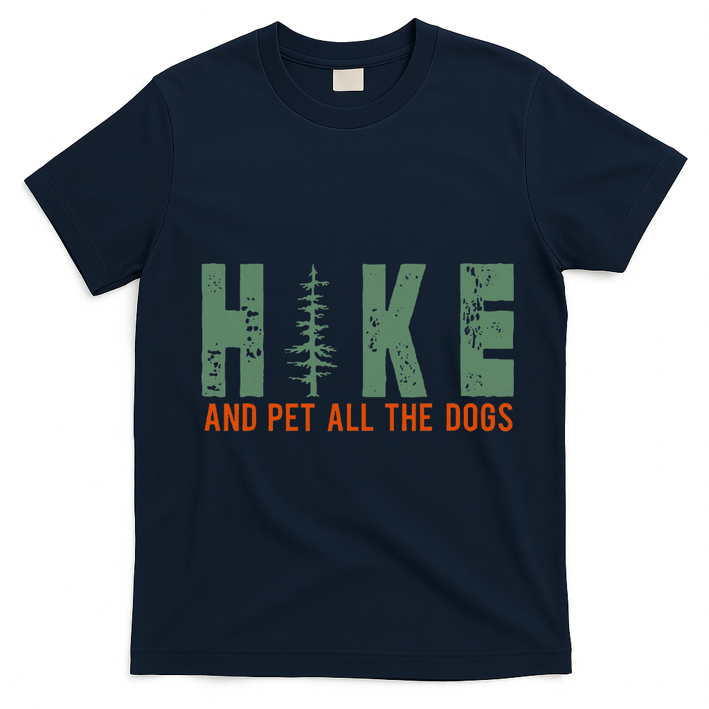 Hike And Pet All The Dogs Funny Hiking T-Shirt - Navy Blue