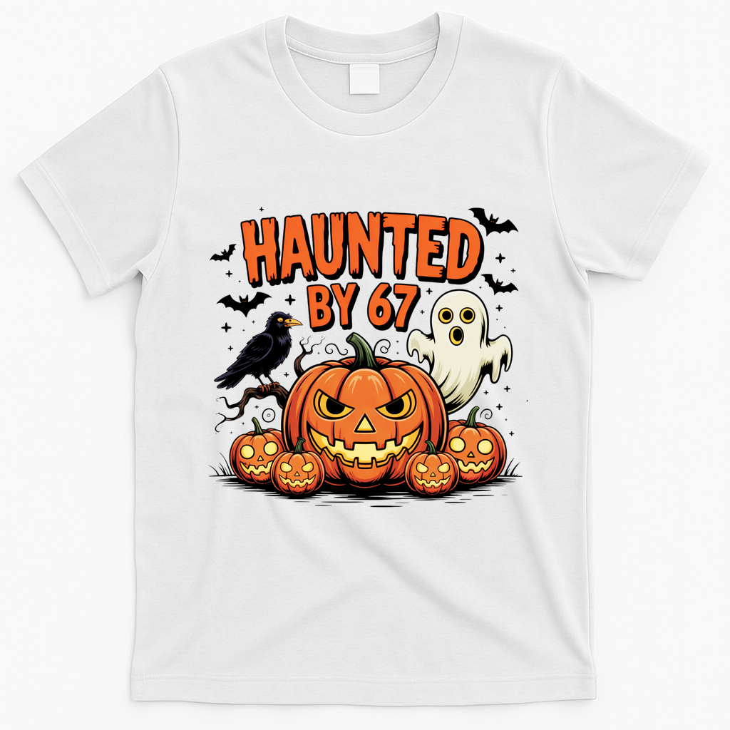Haunted By 67 Funny Ghost Pumpkin Halloween Costume T-Shirt - White