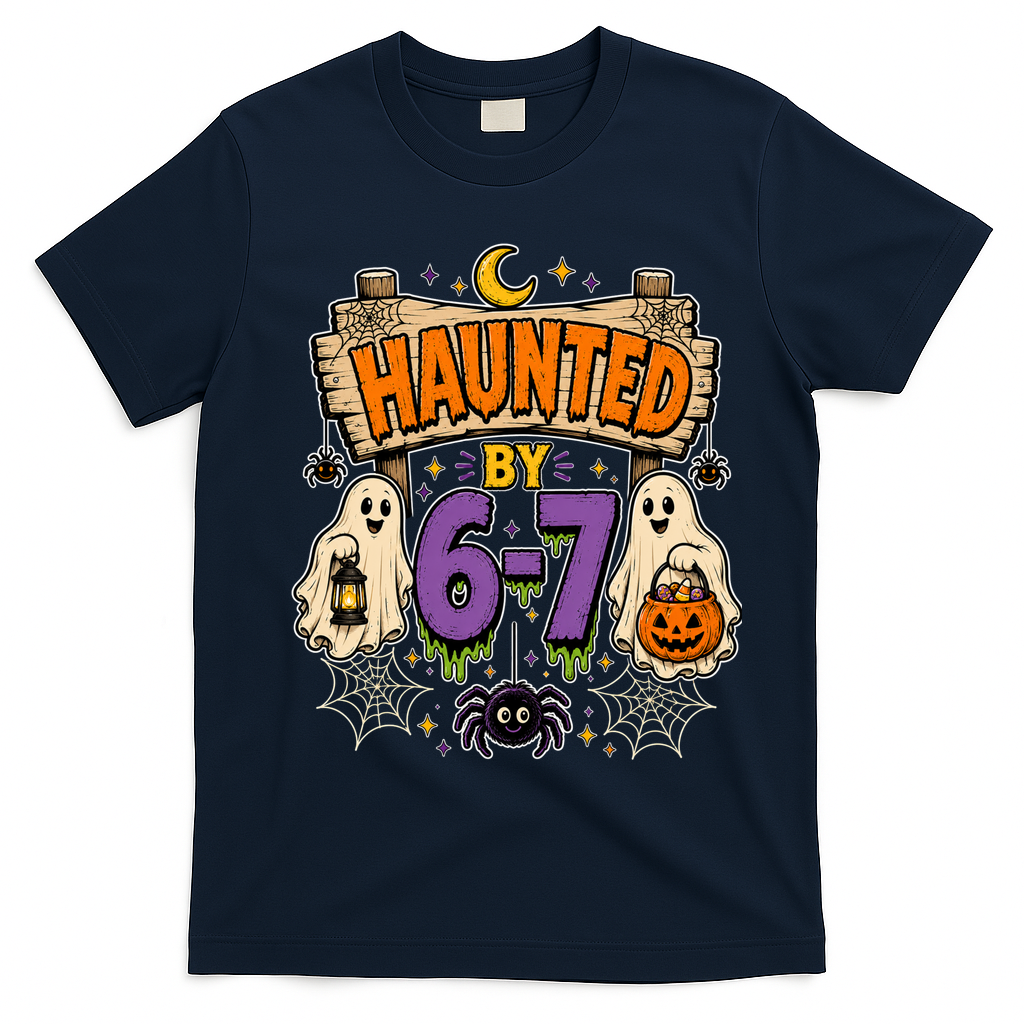 Haunted By 6 7 Math 67 Meme Spooky Halloween T-Shirt - Navy Blue