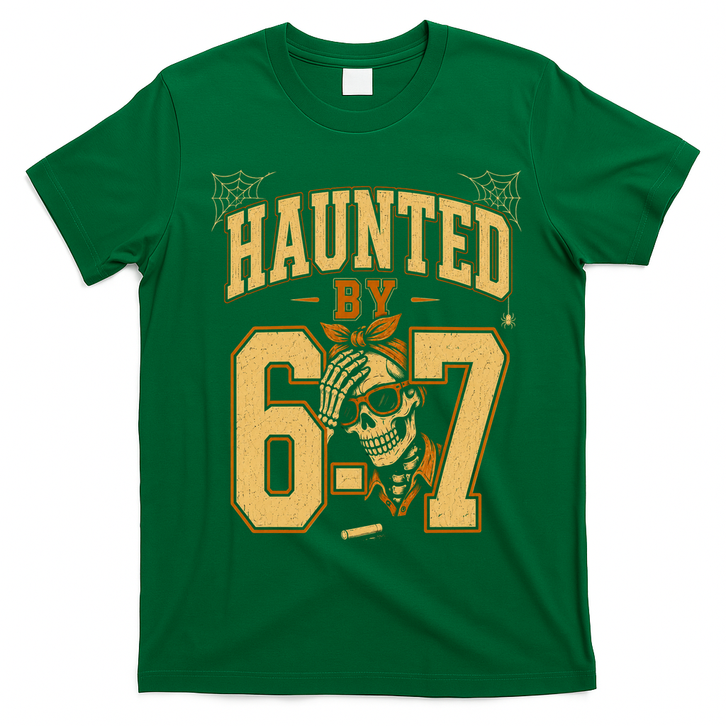 Haunted By 6-7 Skeleton Funny Halloween 67 Meme T-Shirt - Irish Green