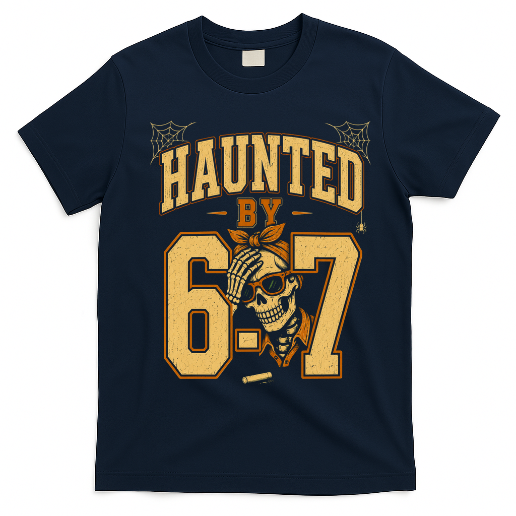 Haunted By 6-7 Skeleton Funny Halloween 67 Meme T-Shirt - Navy Blue