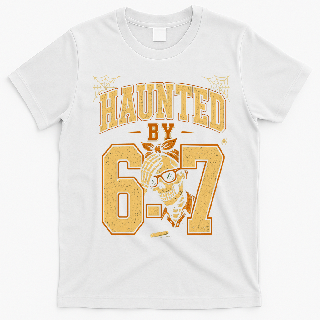 Haunted By 6-7 Skeleton Funny Halloween 67 Meme T-Shirt - White