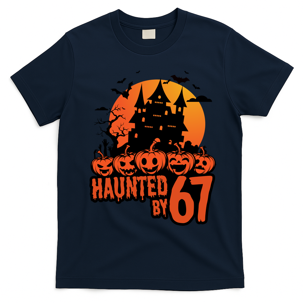 Haunted By 67 Halloween 6-7 Spooky Meme Funny T-Shirt - Navy Blue