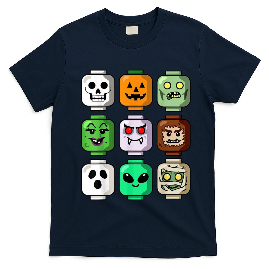 Halloween Building Brick Head Pumpkin Ghost Zombie T-Shirt - Navy Blue