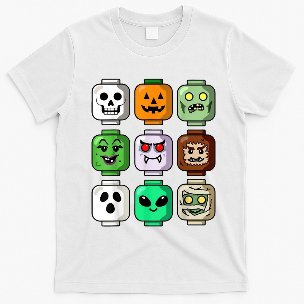 Halloween Building Brick Head Pumpkin Ghost Zombie T-Shirt - White